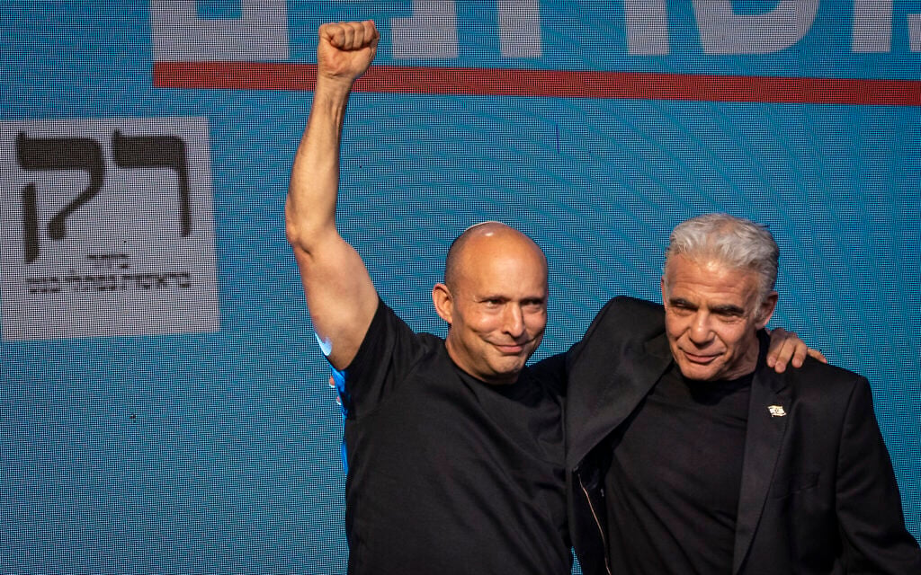 B'Yachad leaders Naftali Bennett and Yair Lapid at the party’s election headquarters in Tel Aviv, following the closing of polling stations and the release of exit poll results, October 28, 2026. (Noam Revkin Fenton/Flash90) B'Yachad leaders Naftali Bennett and Yair Lapid at the party’s election headquarters in Tel Aviv, following the closing of polling stations and the release of exit poll results, October 28, 2026. (Noam Revkin Fenton/Flash90)