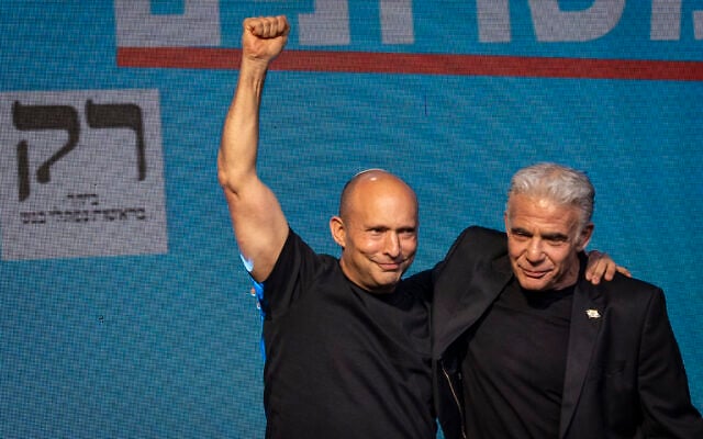 B'Yachad leaders Naftali Bennett and Yair Lapid at the party’s election headquarters in Tel Aviv, following the closing of polling stations and the release of exit poll results, October 28, 2026. (Noam Revkin Fenton/Flash90) B'Yachad leaders Naftali Bennett and Yair Lapid at the party’s election headquarters in Tel Aviv, following the closing of polling stations and the release of exit poll results, October 28, 2026. (Noam Revkin Fenton/Flash90)