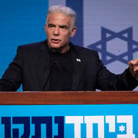 Israeli opposition leader Yair Lapid speaks at the B'Yachad party’s election headquarters in Tel Aviv on election night, October 28, 2026. (Noam Revkin Fenton/Flash90)