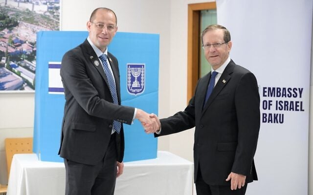 President Isaac Herzog (right) meets with Israeli Ambassador to Azerbaijan Ronen Kraus at the embassy in Baku as voting for diplomats opens ahead of the October 27 election, on October 15, 2026. (Maayan Toaf/GPO) President Isaac Herzog (right) meets with Israeli Ambassador to Azerbaijan Ronen Kraus at the embassy in Baku as voting for diplomats opens ahead of the October 27 election, on October 15, 2026. (Maayan Toaf/GPO)