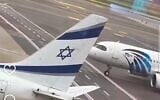 Screenshot from a video posted by an Egyptian pilot on Instagram on October 7, 2026 showing an EgyptAir plane pulling up next to an El Al jet. (X, used in accordance with clause 27a of the copyright law)