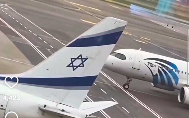 Screenshot from a video posted by an Egyptian pilot on Instagram on October 7, 2026 showing an EgyptAir plane pulling up next to an El Al jet. (X, used in accordance with clause 27a of the copyright law)