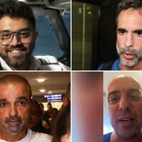 L-R top row: Captain Smit Machchhar (Danny Danon via X), Asaf Rajuan (Jack GUEZ/AFP); L-R bottom row: Yaniv Hayun (AP Photo/Tomer Appelbaum), Tzvika Manes. (Screenshot/Channel 12)