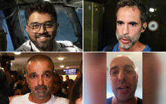 L-R top row: Captain Smit Machchhar (Danny Danon via X), Asaf Rajuan (Jack GUEZ/AFP); L-R bottom row: Yaniv Hayun (AP Photo/Tomer Appelbaum), Tzvika Manes. (Screenshot/Channel 12)