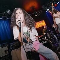 Raz Shifer of Ramat Gan, a Nova Festival survivor, performs at LA's Viper Room in a scene from 'The Bridge,' a documentary about Israeli trauma survivors and their week at Rock ’n Roll Fantasy Camp. (Courtesy Rockcamp.com via JTA)