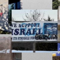 Synagogues defaced with anti-Israel graffiti in, clockwise from top left, Minneapolis, Minnesota; Olney, Maryland; Barcelona, Spain; Wynnewood, Pennsylvania; and Los Angeles, California. (Lonny Goldsmith/TC Jewfolk; fbi.gov; Comunidad Judía de Barcelona; Jada Eldrich and Lisa Daftari/Twitter)