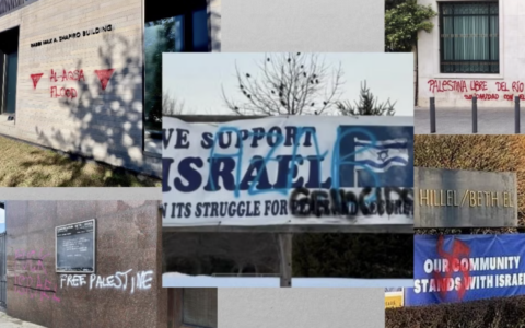 Synagogues defaced with anti-Israel graffiti in, clockwise from top left, Minneapolis, Minnesota; Olney, Maryland; Barcelona, Spain; Wynnewood, Pennsylvania; and Los Angeles, California. (Lonny Goldsmith/TC Jewfolk; fbi.gov; Comunidad Judía de Barcelona; Jada Eldrich and Lisa Daftari/Twitter)