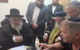 A screengrab of a video showing Achi party spiritual leader Haim Yosef Abergel (Left) making a deal with Education Minister Yoav Kisch (Right), while Prime Minister Benjamin Netanyahu joins on the phone, published by Channel 13 on October 25, 2026, (Channel 13)