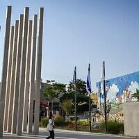 Israelis visit a memorial site for those killed in the October 7 attack at the former Sderot Police Station in southern Israel, November 5, 2025. (Michael Giladi/Flash90)