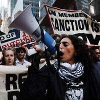 Protesters against Prime Minister Benjamin Netanyahu and the war in Gaza walk towards the United Nations in midtown Manhattan, New York, on September 24, 2026. (Spencer Platt/Getty Images via JTA)