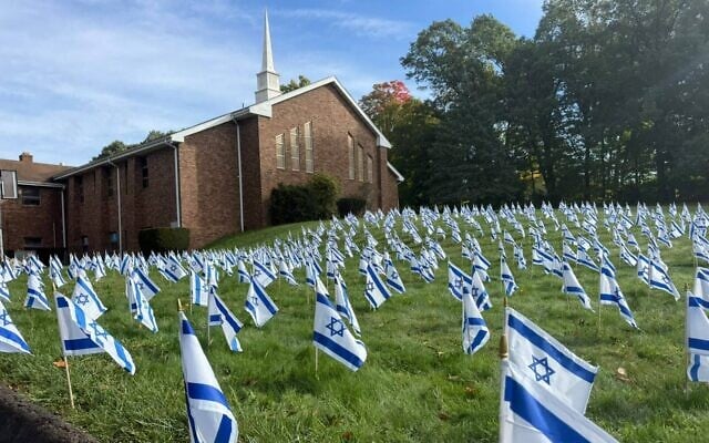 Israeli flags in front of Hope Christian Church in North Haven, Connecticut. (International Fellowship of Christians and Jews) Israeli flags in front of Hope Christian Church in North Haven, Connecticut. (International Fellowship of Christians and Jews)