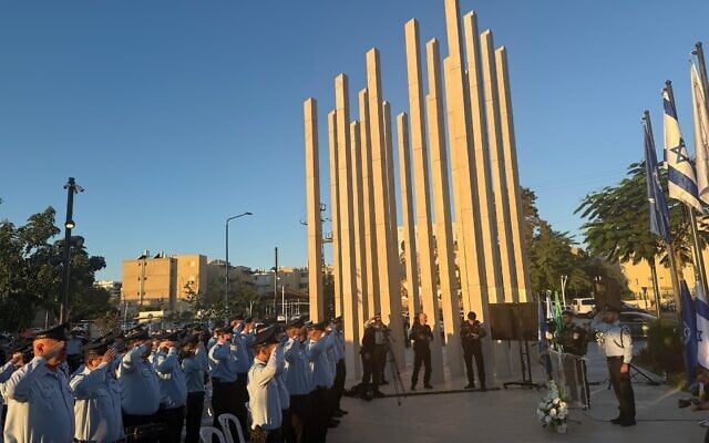 Police honor colleagues killed on October 7, 2023, in a ceremony at the police station in Sderot, October 7, 2026 (Israel Police) Police honor colleagues killed on October 7, 2023, in a ceremony at the police station in Sderot, October 7, 2026 (Israel Police)