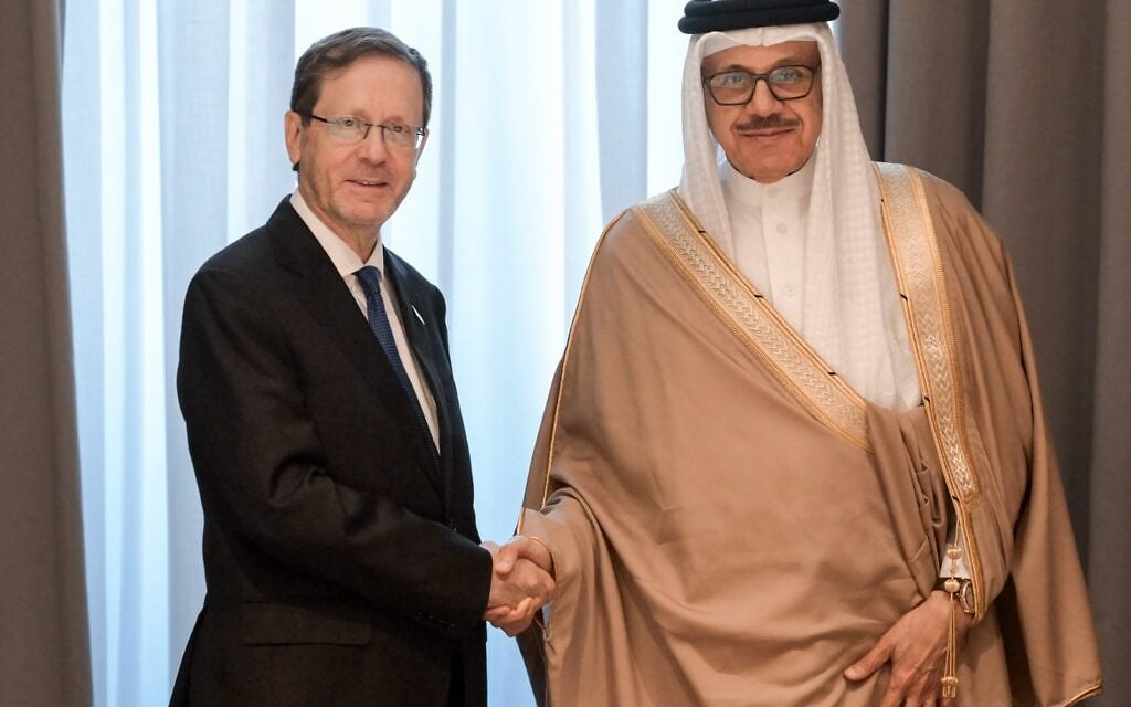 President Isaac Herzog meets with Bahrain's Foreign Minister Abdullatif bin Rashid Al-Zayani in Baku, Azerbaijan on October 14, 2026. (Maayan Toaf/GPO) President Isaac Herzog meets with Bahrain's Foreign Minister Abdullatif bin Rashid Al-Zayani in Baku, Azerbaijan on October 14, 2026. (Maayan Toaf/GPO)