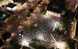 Protesters in Tel Aviv's Hostage Square at a demonstration calling for a State Commission of Inquiry into the Oct. 7, 2023, Hamas invasion, on October 24, 2026, three days before Israeli elections. (Amir Goldstein / Pro-Democracy Protest Movement)
