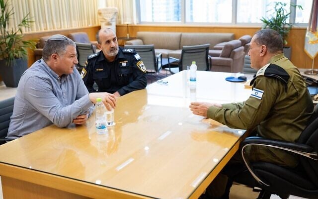 IDF Chief of Staff Lt. Gen. Eyal Zamir, Israel Police Commissioner Danny Levi, and Shin Bet chief David Zini meet at Zamir's office in Tel Aviv, October 6, 2026. (Israel Defense Forces) IDF Chief of Staff Lt. Gen. Eyal Zamir, Israel Police Commissioner Danny Levi, and Shin Bet chief David Zini meet at Zamir's office in Tel Aviv, October 6, 2026. (Israel Defense Forces)