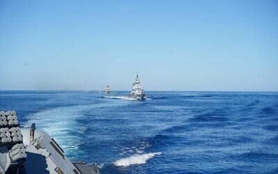 Israeli and Greek naval vessels sail in the Mediterranean Sea during a joint drill between the Israeli Navy and Hellenic Navy, in a handout photo published on October 24, 2026. (Israel Defense Forces)