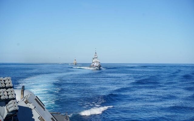 Israeli and Greek naval vessels sail in the Mediterranean Sea during a joint drill between the Israeli Navy and Hellenic Navy, in a handout photo published on October 24, 2026. (Israel Defense Forces) Israeli and Greek naval vessels sail in the Mediterranean Sea during a joint drill between the Israeli Navy and Hellenic Navy, in a handout photo published on October 24, 2026. (Israel Defense Forces)