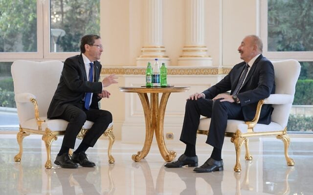 President Isaac Herzog (left) meets Azerbaijan President Ilham Aliyev in Baku on October 14, 2026. (Maayan Toaf/GPO) President Isaac Herzog (left) meets Azerbaijan President Ilham Aliyev in Baku on October 14, 2026. (Maayan Toaf/GPO)
