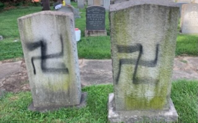 Graves vandalized with swastikas at Ohr Knesseth Israel Anshe Sfard Cemetery in Maryland in July 2023 (US Attorney's Office of Maryland) Graves vandalized with swastikas at Ohr Knesseth Israel Anshe Sfard Cemetery in Maryland in July 2023 (US Attorney's Office of Maryland)