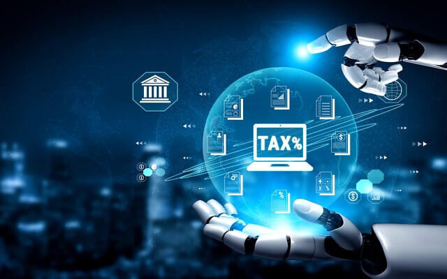Illustrative: Futuristic robotic hand interacting with digital tax symbols and document icons in a global financial context. (iStock by Getty Images)