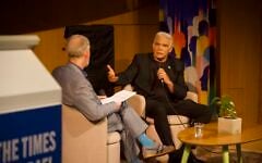 Opposition leader Yair Lapid (right) speaking with Times of Israel founding editor David Horovitz in Tel Aviv, October 12, 2026. (The Times of Israel)
