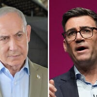 Prime Minister Benjamin Netanyahu at Tel Nof air base in a picture distributed on September 29, 2026; Britain’s Prime Minister Andy Burnham delivers his Leader’s Speech during the Labour Party Conference in Liverpool, England, September 29, 2026. (Ma’ayan Toaf/GPO, AP Photo/Jon Super)