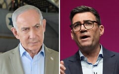 Prime Minister Benjamin Netanyahu at Tel Nof air base in a picture distributed on September 29, 2026; Britain’s Prime Minister Andy Burnham delivers his Leader’s Speech during the Labour Party Conference in Liverpool, England, September 29, 2026. (Ma’ayan Toaf/GPO, AP Photo/Jon Super)