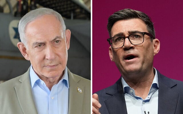 Prime Minister Benjamin Netanyahu at Tel Nof air base in a picture distributed on September 29, 2026; Britain’s Prime Minister Andy Burnham delivers his Leader’s Speech during the Labour Party Conference in Liverpool, England, September 29, 2026. (Ma’ayan Toaf/GPO, AP Photo/Jon Super)