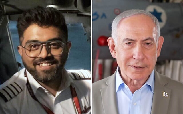 Captain Smit Machchhar (left) and Prime Minister Benjamin Netanyahu. (Danny Danon via X, Screenshot/Ma’ayan Toaf/GPO)