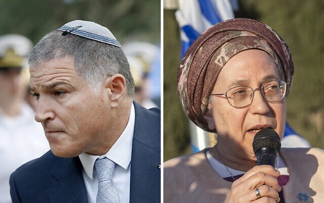 Head of the Shin Bet David Zini on November 3, 2025. (Moshe Shai/ FLASH90); Minister of National Missions Orit Strock speaks with protesters outside a cabinet meeting at the Prime Minister’s Office in Jerusalem during a demonstration against the government’s decision to allow the Board of Peace into the Gaza Strip and in support of renewed Jewish settlement in the Gaza Strip, August 6, 2026. (Moshe Shai/ FLASH90, Chaim Goldberg/Flash90)