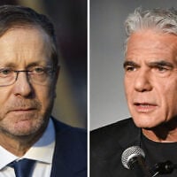 Left: President Isaac Herzog speaks to the media during a visit to the Nova music festival memorial site near Kibbutz Re’im in southern Israel, on October 7, 2026. Right: B'Yachad party #2 Yair Lapid speaks at the "Law and Lies" conference on October 12, 2026. (Chaim Goldberg/Flash90, Avshalom Sassoni/FLASH90)