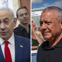 Prime Minister Benjamin Netanyahu (L) arriving for court in Jerusalem, and Yashar party chair Gadi Eisenkot visiting the Nova music festival site. (Chaim Goldberg/Flash90, Yonatan Sindel/Flash90)