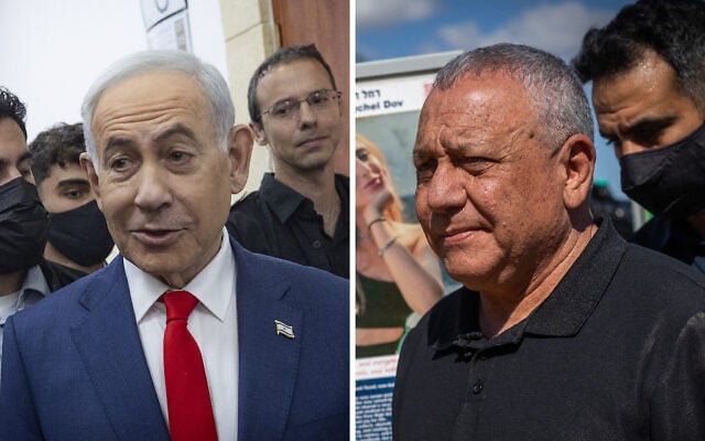 Prime Minister Benjamin Netanyahu (L) arriving for court in Jerusalem, and Yashar party chair Gadi Eisenkot visiting the Nova music festival site. (Chaim Goldberg/Flash90, Yonatan Sindel/Flash90)