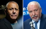 Left: Yashar party leader and former IDF chief of staff Gadi Eisenkot campaigns ahead of Israel’s upcoming general election, in Kiryat Malachi, August 17, 2026. Right: Yisrael Beytenu chair Avigdor Liberman leads a faction meeting at the Knesset on July 7, 2025. (Amir Cohen/Reuters, Yonatan Sindel/Flash90)