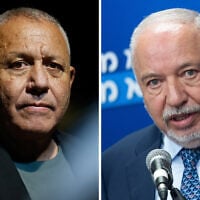Left: Yashar party leader and former IDF chief of staff Gadi Eisenkot campaigns ahead of Israel’s upcoming general election, in Kiryat Malachi, August 17, 2026. Right: Yisrael Beytenu chair Avigdor Liberman leads a faction meeting at the Knesset on July 7, 2025. (Amir Cohen/Reuters, Yonatan Sindel/Flash90)