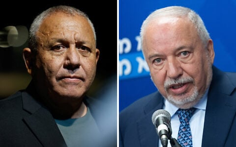 Left: Yashar party leader and former IDF chief of staff Gadi Eisenkot campaigns ahead of Israel’s upcoming general election, in Kiryat Malachi, August 17, 2026. Right: Yisrael Beytenu chair Avigdor Liberman leads a faction meeting at the Knesset on July 7, 2025. (Amir Cohen/Reuters, Yonatan Sindel/Flash90)