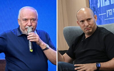 Left: Yisrael Beytenu party leader Avigdor Liberman speaks in Glilot, central Israel, on October 13, 2026. Right: B'Yachad party chairman Naftali Bennett speaks in Tel Aviv, October 16, 2026. (Avshalom Sassoni/FLASH90) Left: Yisrael Beytenu party leader Avigdor Liberman speaks in Glilot, central Israel, on October 13, 2026. Right: B'Yachad party chairman Naftali Bennett speaks in Tel Aviv, October 16, 2026. (Avshalom Sassoni/FLASH90)