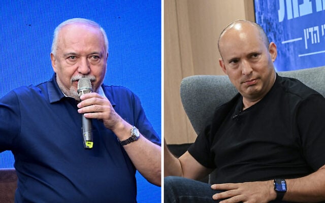 Left: Yisrael Beytenu party leader Avigdor Liberman speaks in Glilot, central Israel, on October 13, 2026. Right: B'Yachad party chairman Naftali Bennett speaks in Tel Aviv, October 16, 2026. (Avshalom Sassoni/FLASH90)