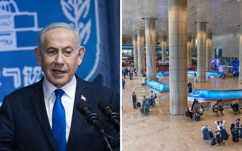 Left: Prime Minister Benjamin Netanyahu at the Foreign Ministry in Jerusalem, October 14, 2026; Right: The arrivals hall at Ben Gurion International Airport, March 26, 2025. (Chaim Goldberg/Flash90, Yossi Aloni/Flash90)
