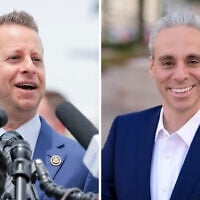Rep. Jared Moskowitz (L), a Florida Democrat, speaks during a news conference outside of the US Capitol, on June 9, 2026, in Washington, DC, and his Republican opponent, Scott Singer, in an undated photo. (Anna Moneymaker/Getty Images, Scott Singer/X)
