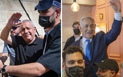 Yashar party leader Gadi Eisenkot (left) and Prime Minister Benjamin Netanyahu campaign for votes in the leadup to the October 2026 election. (Chaim Goldberg/Flash90; Ilia YEFIMOVICH/AFP)