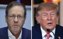 Left: President Isaac Herzog visits the IDF’s Judea and Samaria Division headquarters near the settlement of Beit El in the West Bank, September 30, 2026. (Jonathan Shaul/Flash90). Right: US President Donald Trump speaks at a dinner at his Mar-a-Lago club, October 17, 2026, in Palm Beach, Florida. (AP Photo/Mark Schiefelbein)
