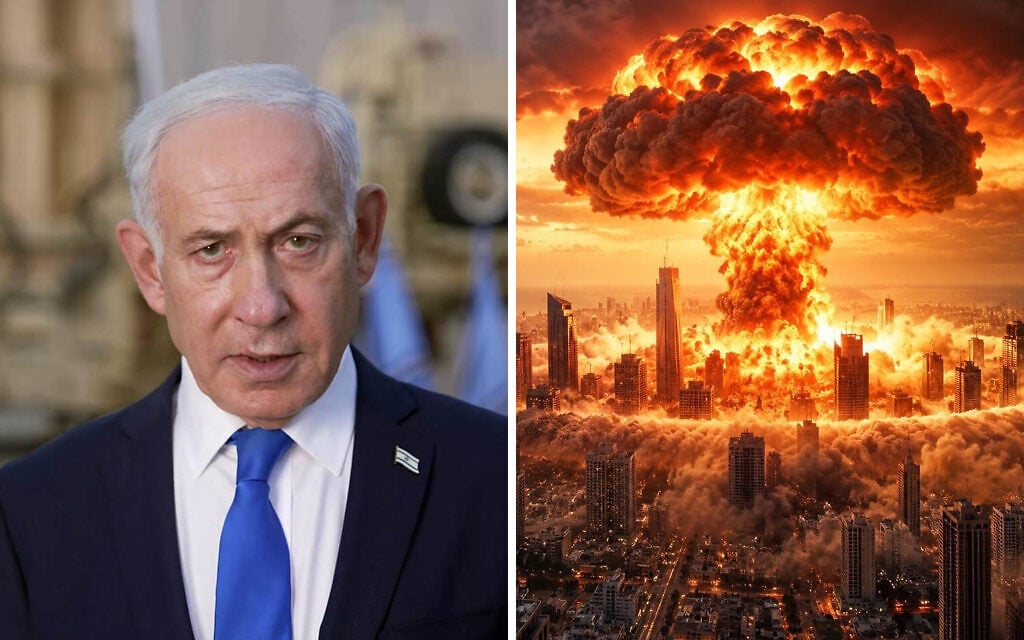 Left: Prime Minister Benjamin Netanyahu delivers a statement, October 25, 2026; right: An AI-generated image of a nuclear strike on Tel Aviv, posted on the X account of Prime Minister Benjamin Netanyahu on October 25, 2026. (Screenshot/GPO, X/Benjamin Netanyahu) Left: Prime Minister Benjamin Netanyahu delivers a statement, October 25, 2026; right: An AI-generated image of a nuclear strike on Tel Aviv, posted on the X account of Prime Minister Benjamin Netanyahu on October 25, 2026. (Screenshot/GPO, X/Benjamin Netanyahu)