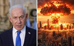 Left: Prime Minister Benjamin Netanyahu delivers a statement, October 25, 2026; right: An AI-generated image of a nuclear strike on Tel Aviv, posted on the X account of Prime Minister Benjamin Netanyahu on October 25, 2026. (Screenshot/GPO, X/Benjamin Netanyahu)