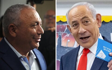 Left: Gadi Eisenkot, leader of the Yashar party, arrives at a polling station to cast his ballot during the Knesset election in Herzliya, October 27, 2026. (AP Photo/Ariel Schalit). Right: Prime Minister Benjamin Netanyahu reacts before casting his ballot at a polling station in Jerusalem, October 27, 2026. (Yonatan Sindel/Pool Photo via AP)