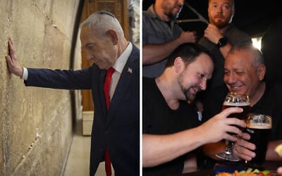 Prime Minister Benjamin Netanyahu, the Likud party chairman, visits the Western Wall in Jerusalem’s Old City, (L), Yashar party leader Gadi Eisenkot,  right, shares a drink in a Tel Aviv bar ahead of the national election, October 26, 2026. (Chaim Goldberg/Flash90, Gaid Eisenkot: used in accordance with Clause 27a of the Copyright Law)