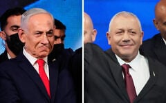 Prime Minister Benjamin Netanyahu (left) and Yashar chief Gadi Eisenkot wave to supporters at their respective party campaign headquarters, after the October 27, 2026, election. (AP Photo/Ohad Zwigenberg, AP Photo/Ariel Schalit)