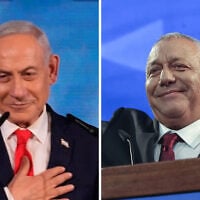 Prime Minister Benjamin Netanyahu (left) and Yashar party chief Gadi Eisenkot give speeches at their party headquarters on election night, October 28, 2026. (AP Photo/David Goldman; Miriam Alster/Flash90)