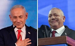 Prime Minister Benjamin Netanyahu (left) and Yashar party chief Gadi Eisenkot give speeches at their party headquarters on election night, October 28, 2026. (AP Photo/David Goldman; Miriam Alster/Flash90)