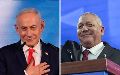 Prime Minister Benjamin Netanyahu (left) and Yashar party chief Gadi Eisenkot give speeches at their party headquarters on election night, October 28, 2026. (AP Photo/David Goldman; Miriam Alster/Flash90) Prime Minister Benjamin Netanyahu (left) and Yashar party chief Gadi Eisenkot give speeches at their party headquarters on election night, October 28, 2026. (AP Photo/David Goldman; Miriam Alster/Flash90)
